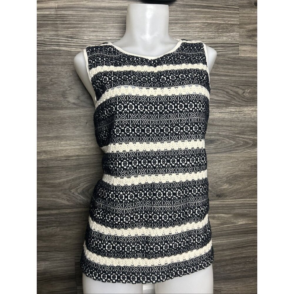 Lucky Brand Women's Black Cream Open Knit Front Sleeveless Top Size Medium